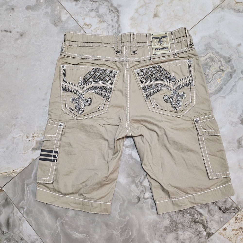 Rock Revival Khaki Cargo Shorts with Embroidered Pockets Waist 34